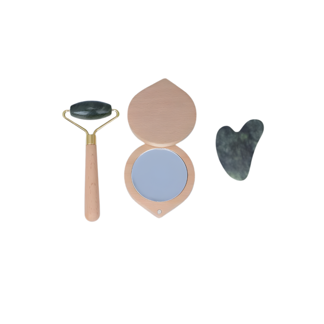 Set of Jade Face Roller, Guasha and Mirror