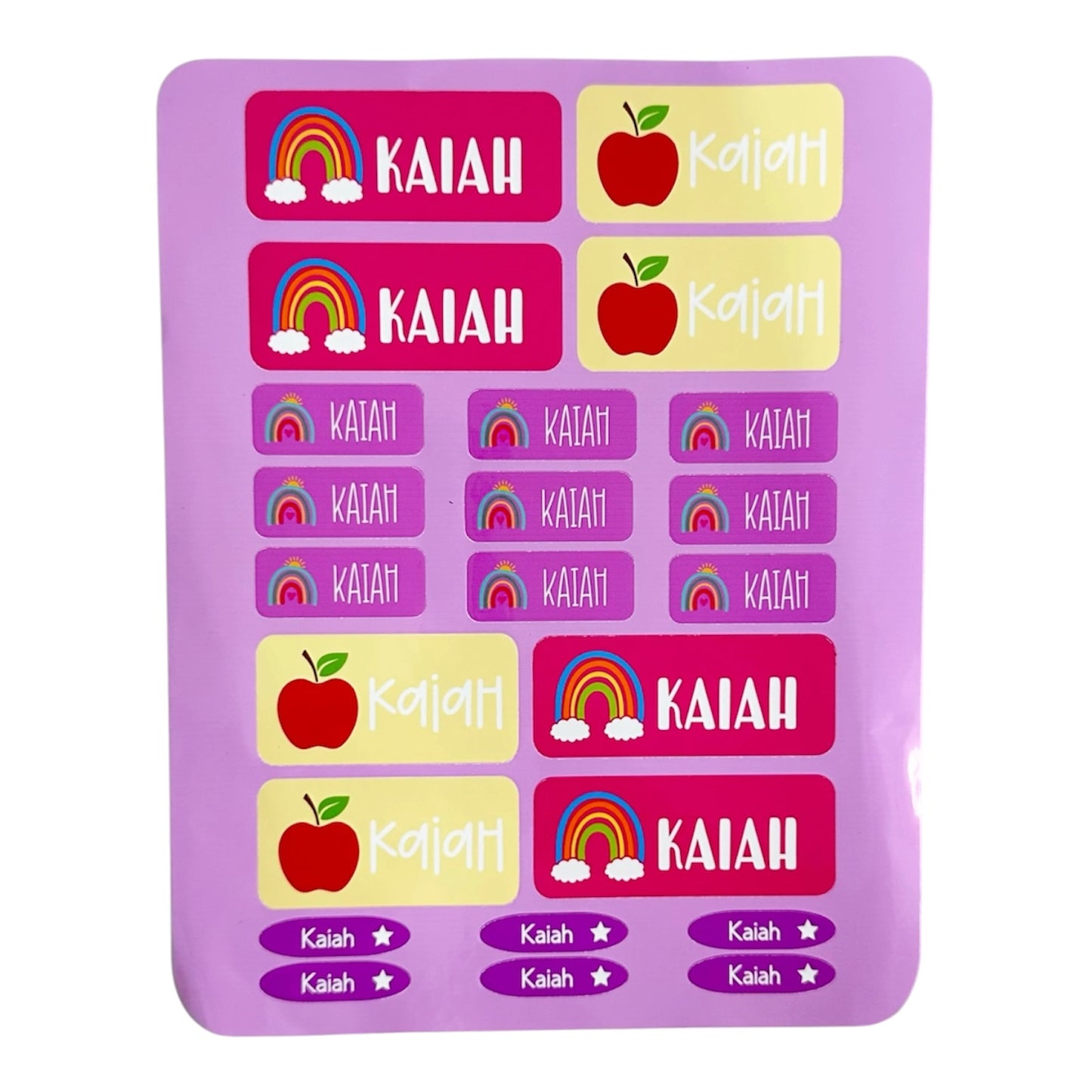 Personalized waterproof school name sticker sheet with assorted mixed designs, custom labels for kids' water bottles, lunch boxes, notebooks and school supplies in UAE