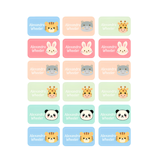 Personalized waterproof school name sticker labels with cute animal designs, 18-piece custom name sticker set for kids' water bottles, lunch boxes, notebooks and school supplies in Dubai UAE