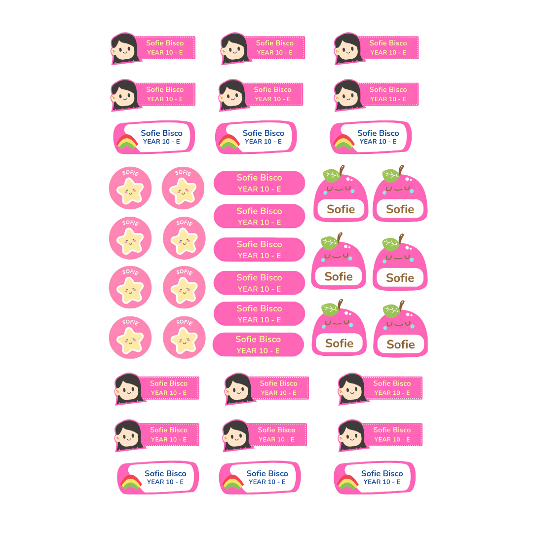 Personalized school name stickers with assorted girl-themed designs, 38-piece set