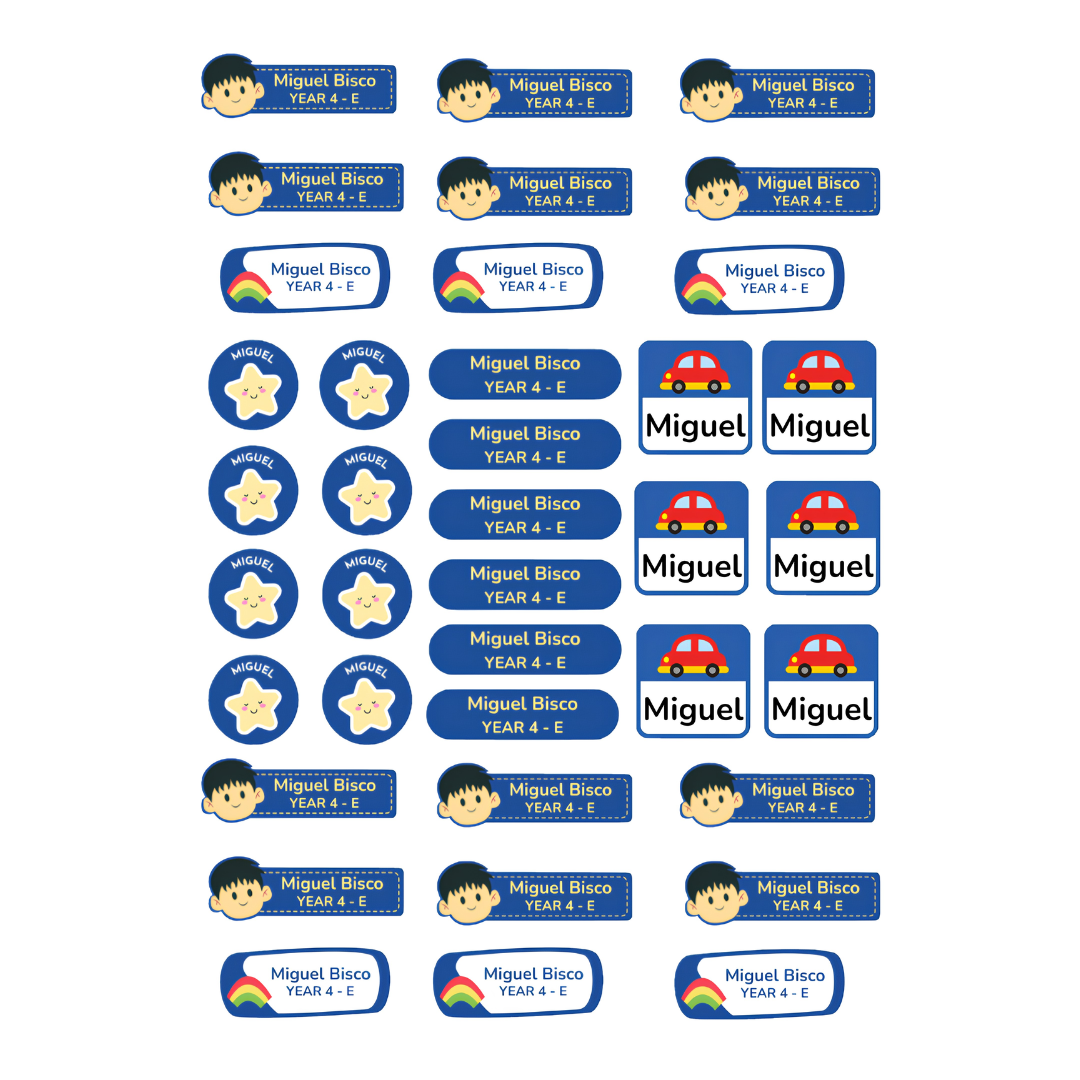 Personalized waterproof school name stickers with assorted boy-themed designs, 38-piece custom label set for boys' bottles, lunch boxes, books and school supplies in UAE