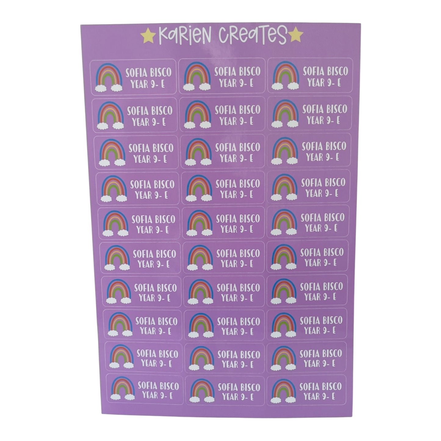 Personalized waterproof rainbow school name sticker labels, 30-piece custom name sticker set for kids' water bottles, lunch boxes, notebooks and school supplies