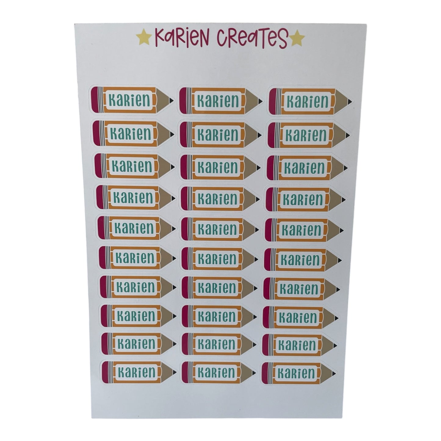 Personalized school name stickers with pencil design, 32-piece set