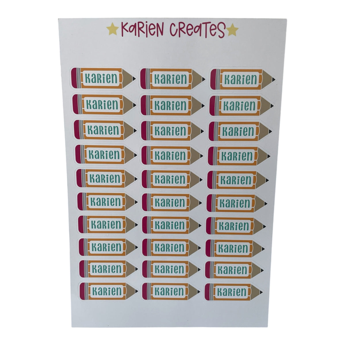 Personalized school name stickers with pencil design, 32-piece set